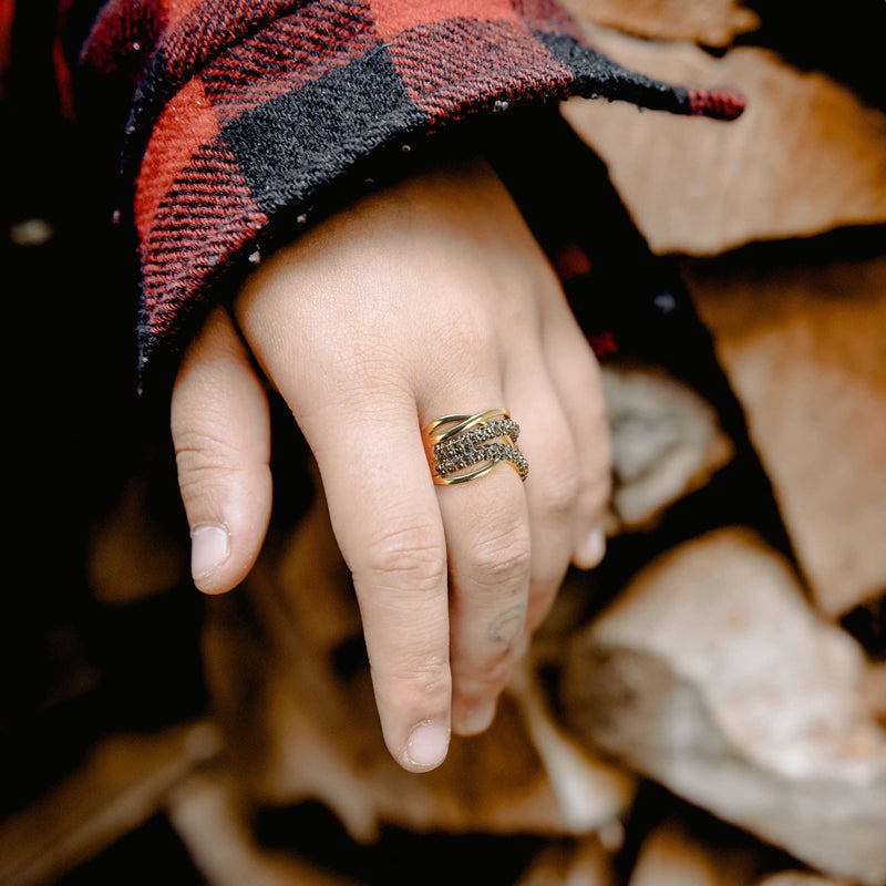 Mytys Statement Ring Art Deco Vintage Black Crystal Rhinestone Ring, Gothic Chunky Wide Band Cocktail Ring Silver Plated Women Fashion Jewelry (Gold & Black, 8) - Image 3